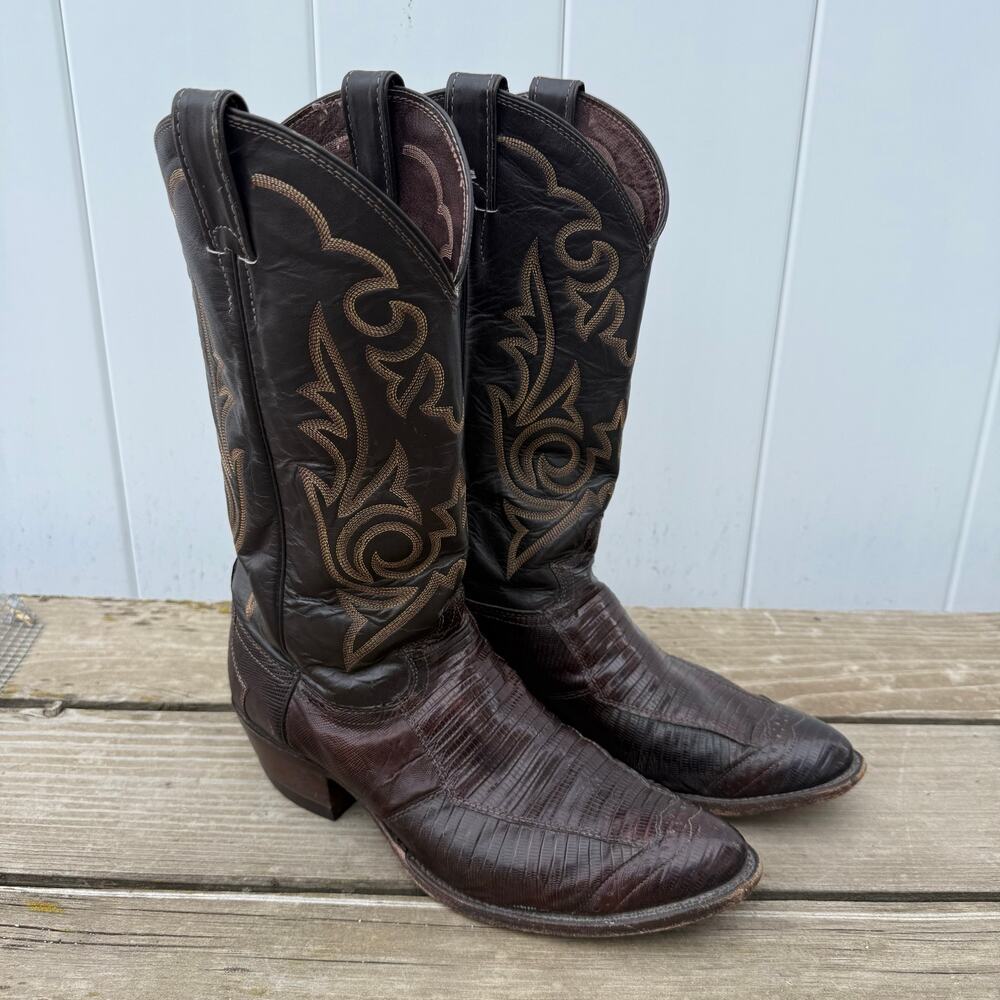 Justin Boots 10D Exotic Lizard Almond Toe Cowboy Brown Style J 10279 A 9105